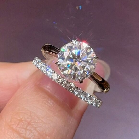 Posh Chronicles Jewelry - 1 Set of Wedding Anniversary Round Cut 8mm & 2mm Moissanite Four Claw Set